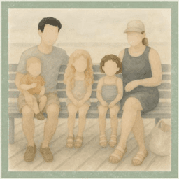 Illustration of the NapTime Village family sitting together on a bench