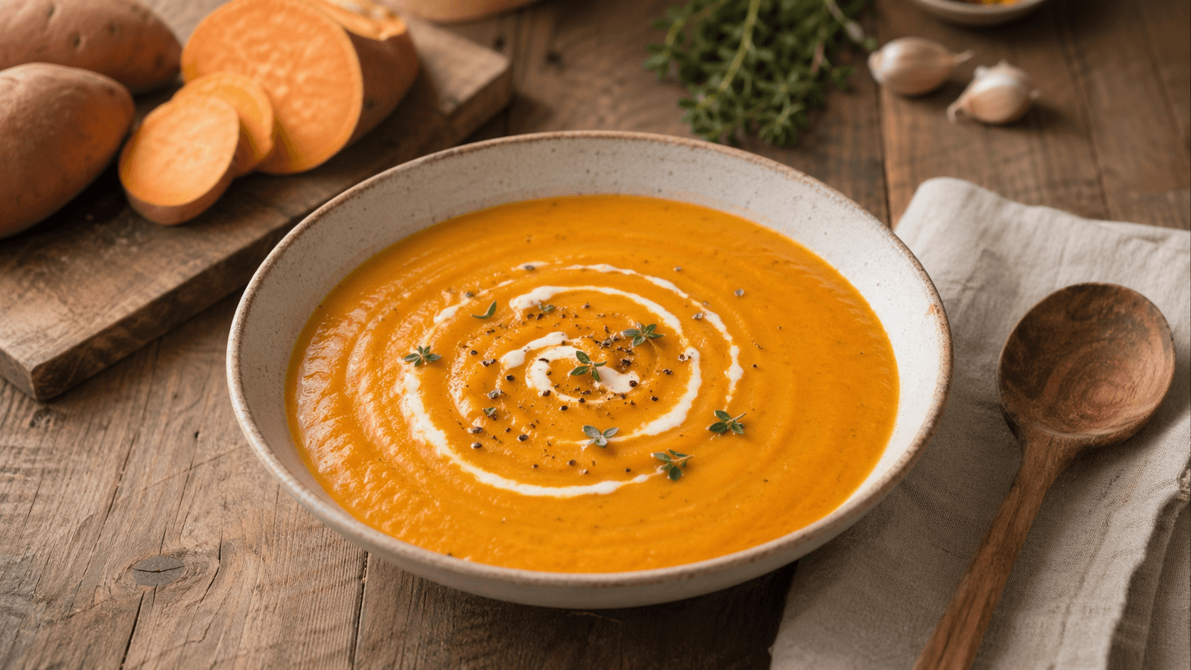 Bowl of creamy sweet potato soup with a swirl on top.