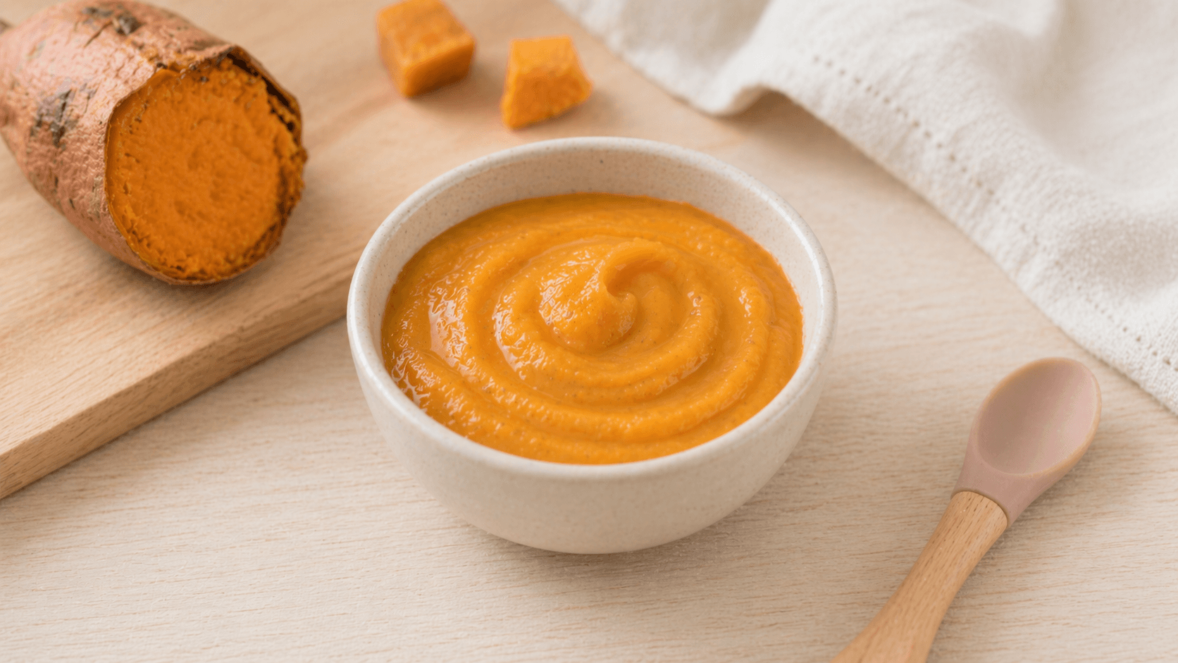 Homemade sweet potato baby food puree in small bowls.