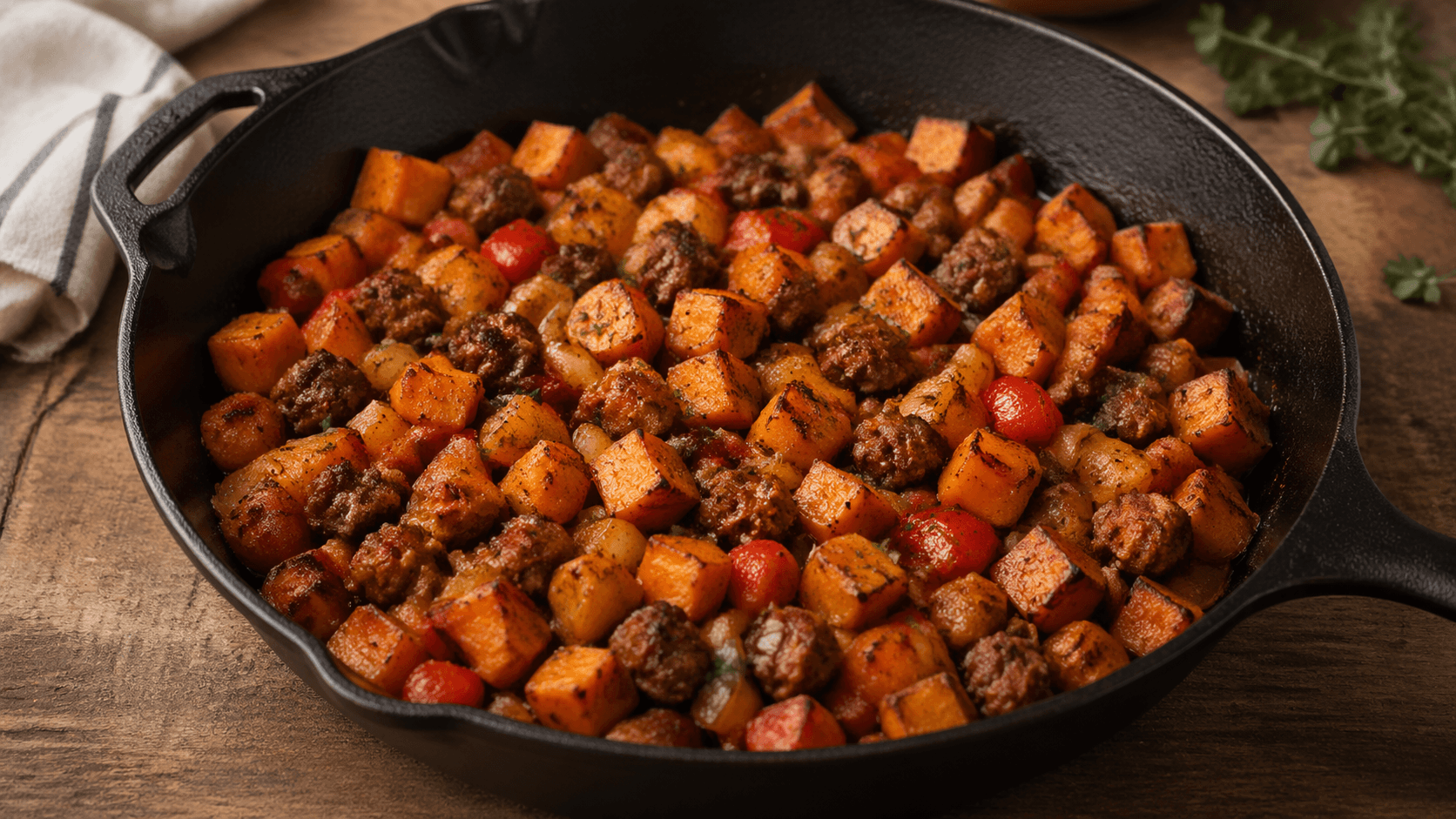 Sweet potato breakfast hash with eggs and sausage in a skillet.