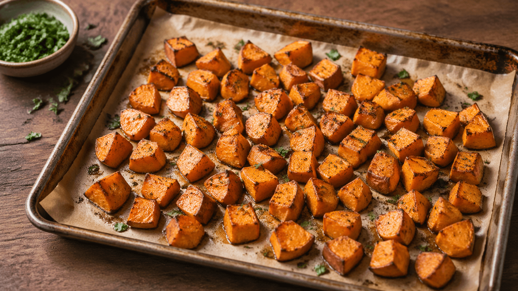 Tray of crispy roasted sweet potato cubes.