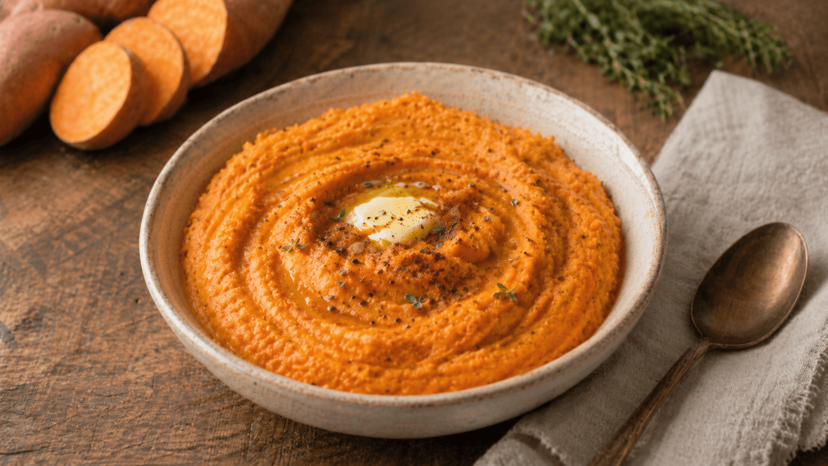 Bowl of creamy healthy mashed sweet potatoes.
