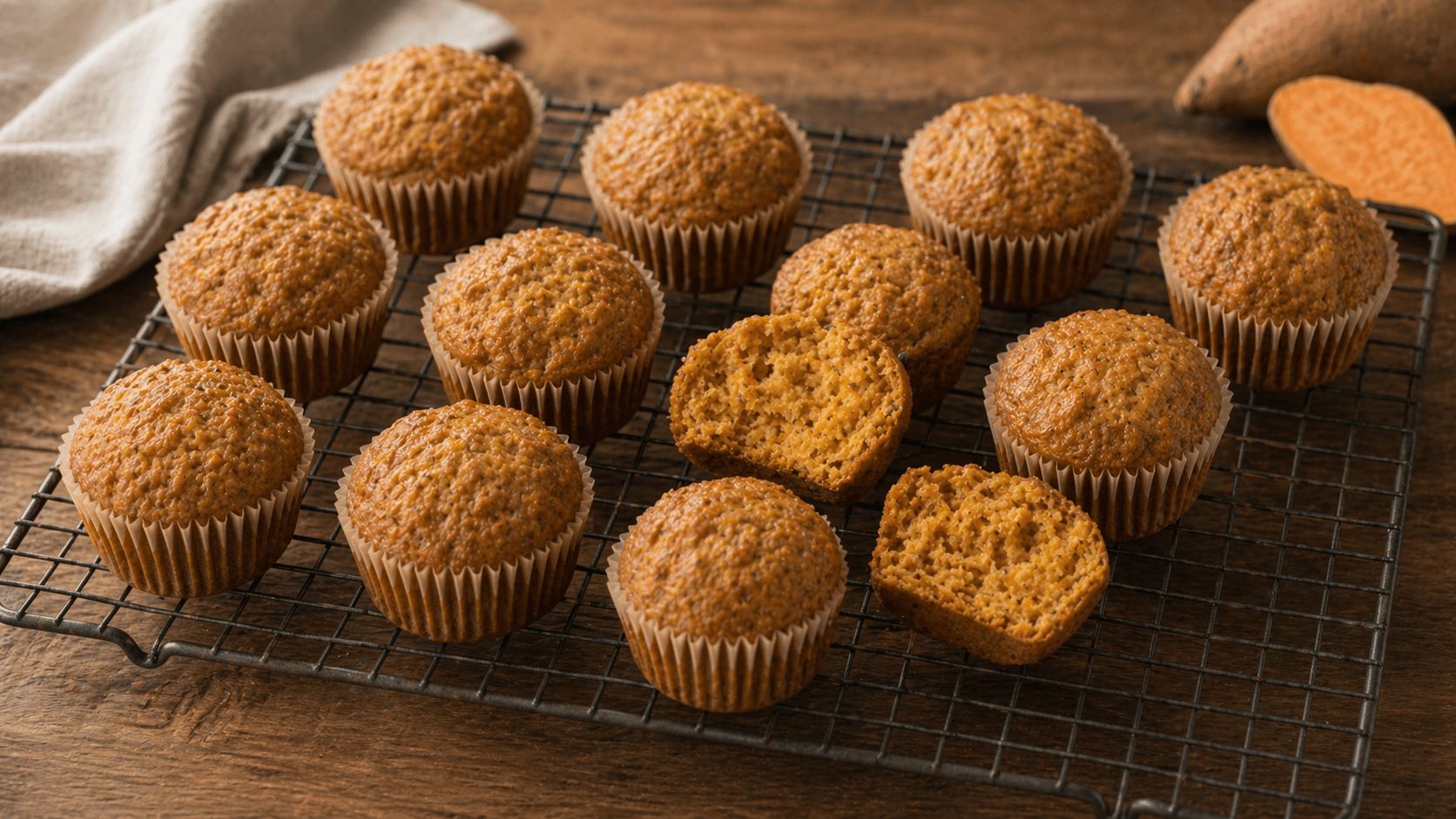 Freshly baked sweet potato breakfast muffins on a cooling rack.