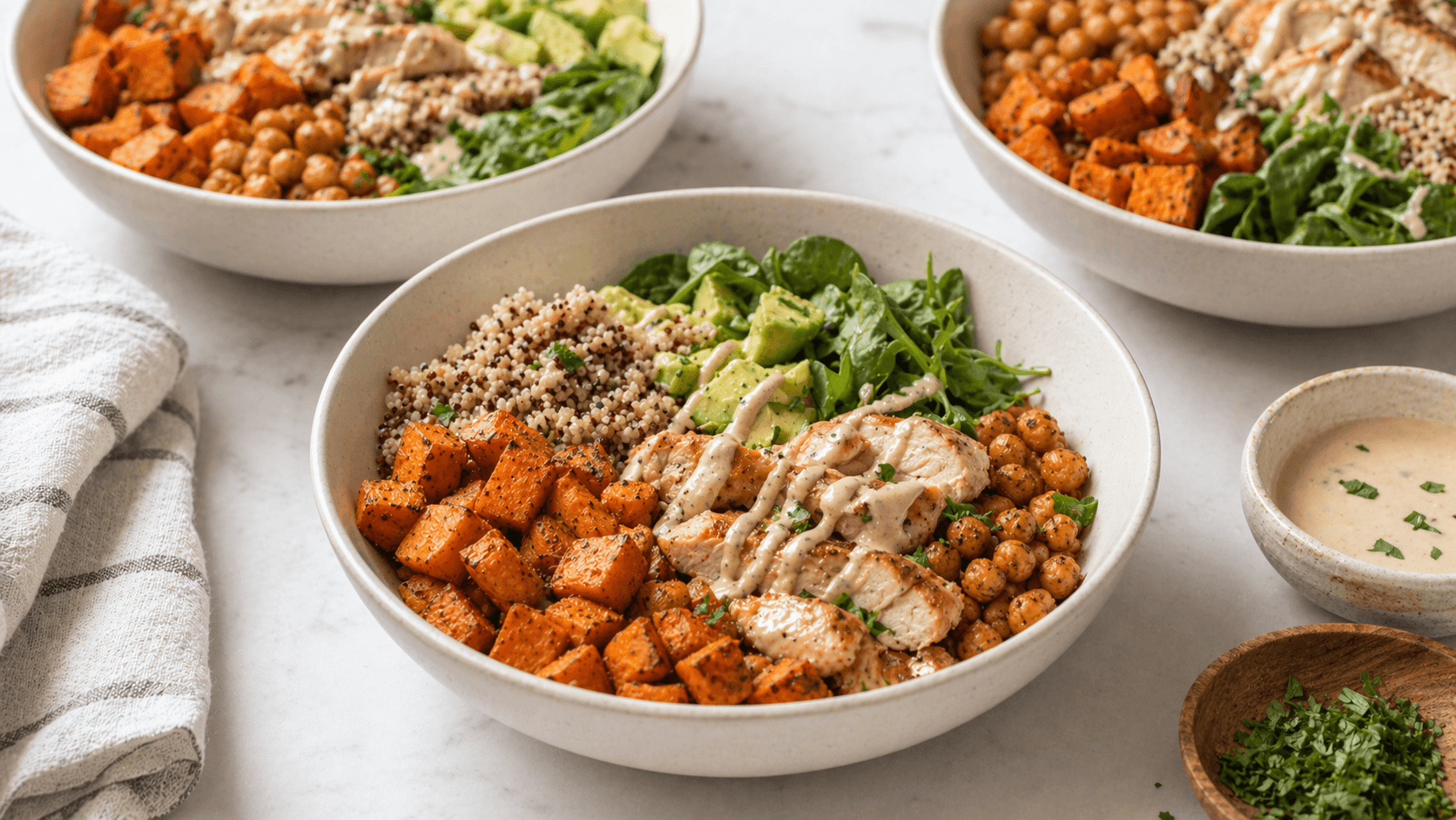 Meal prep bowls with sweet potatoes, quinoa, beans, and avocado.