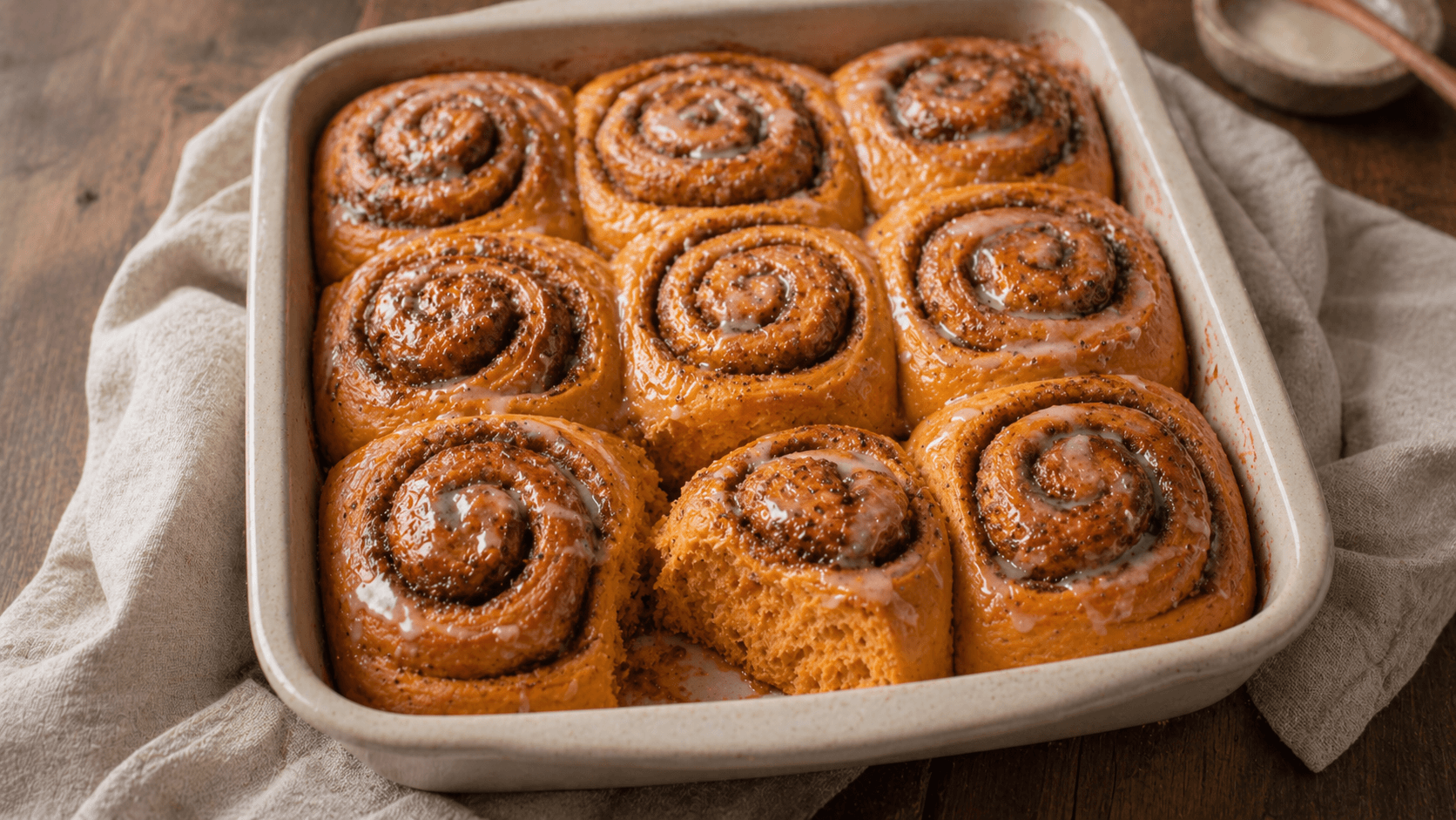 Freshly baked sweet potato sourdough cinnamon rolls in a baking dish.