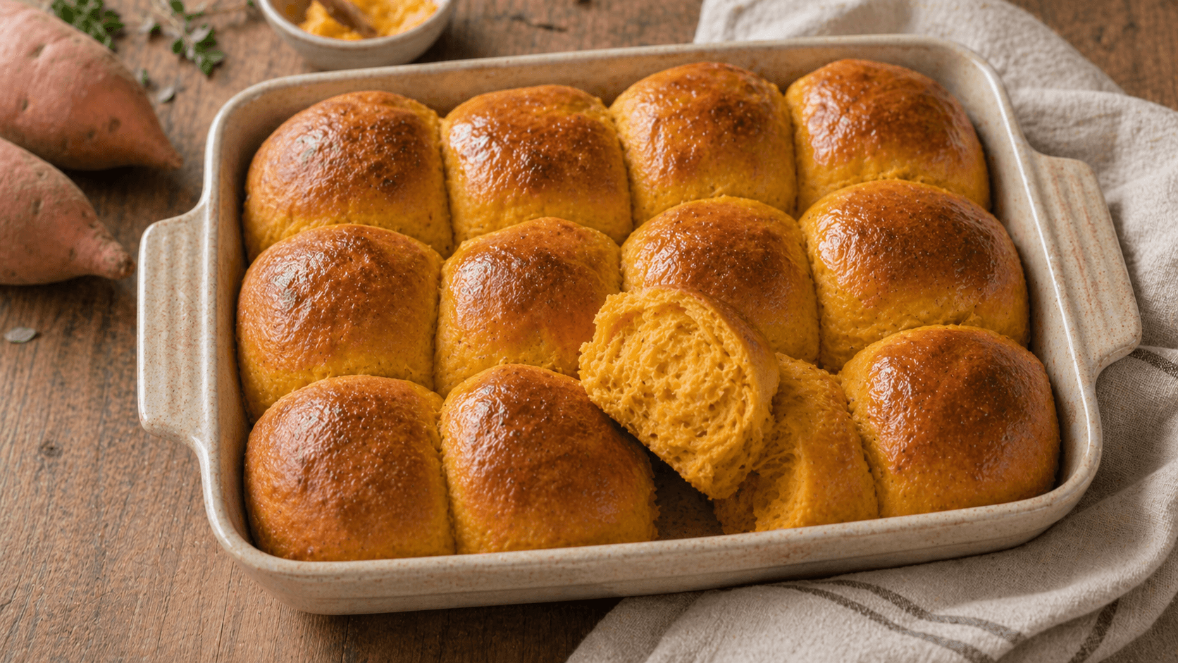 Soft sweet potato sourdough dinner rolls baked until golden brown.