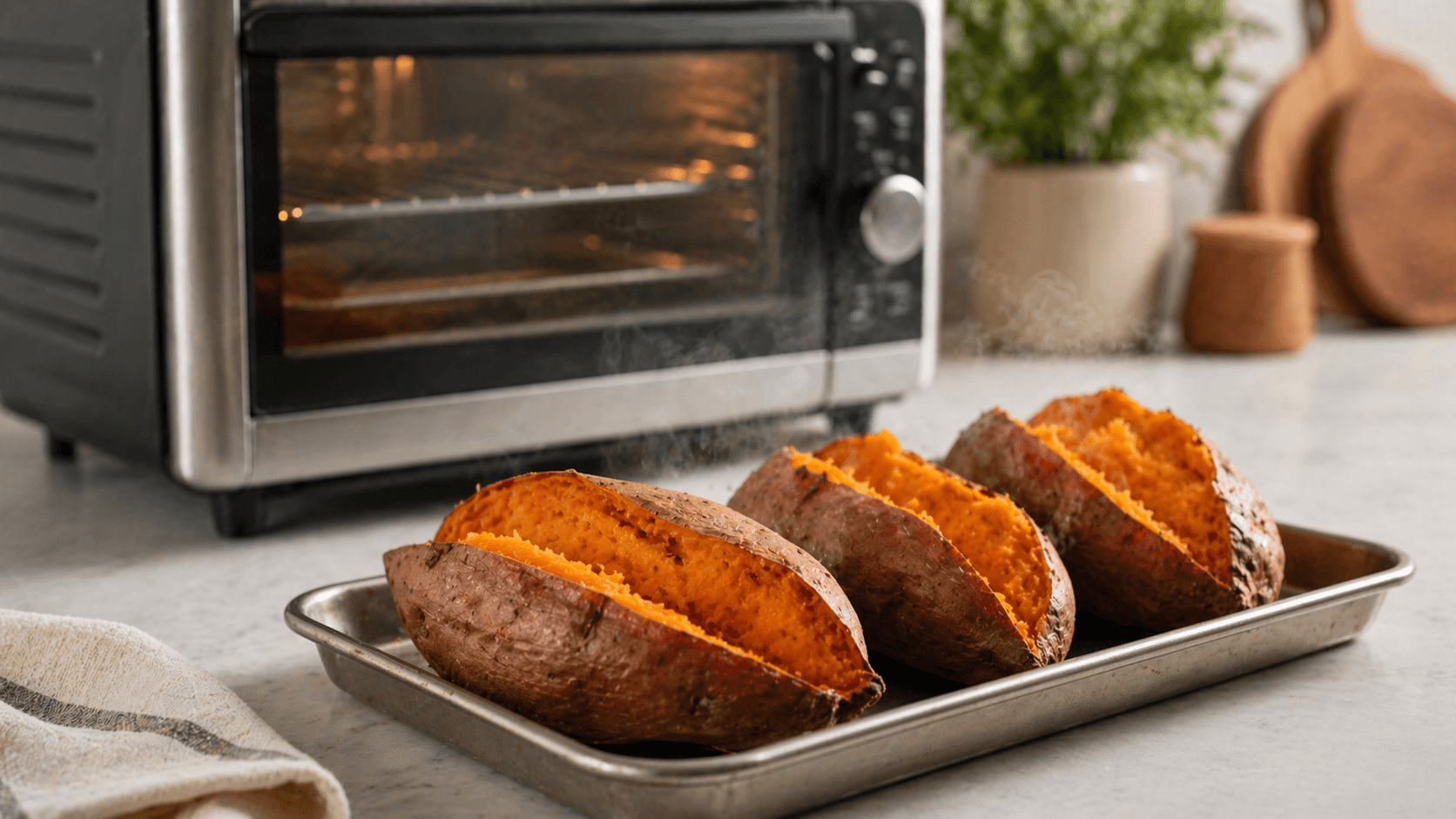 Baked sweet potatoes cooked in a Breville Smart Oven.