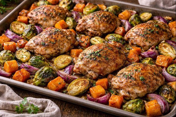 Photo for Sheet-Pan Chicken with Sweet Potatoes and Brussels Sprouts