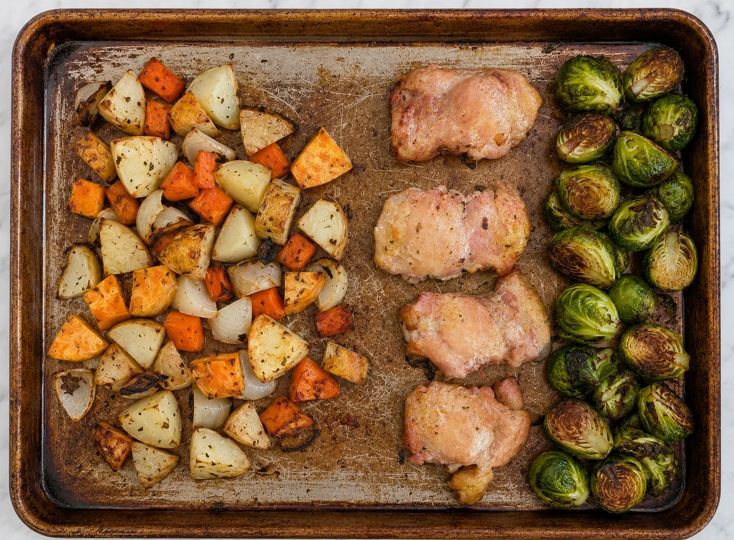 Photo for Sheet-Pan Chicken with Sweet Potatoes and Brussels Sprouts