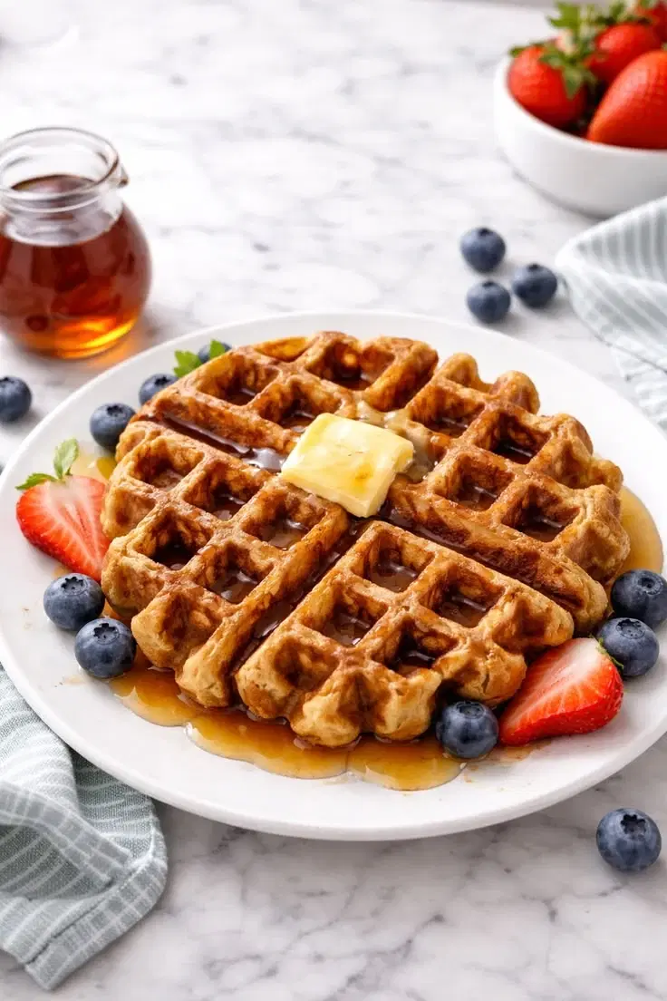 Sweet potato sourdough discard Belgian waffles with crisp golden edges served for breakfast